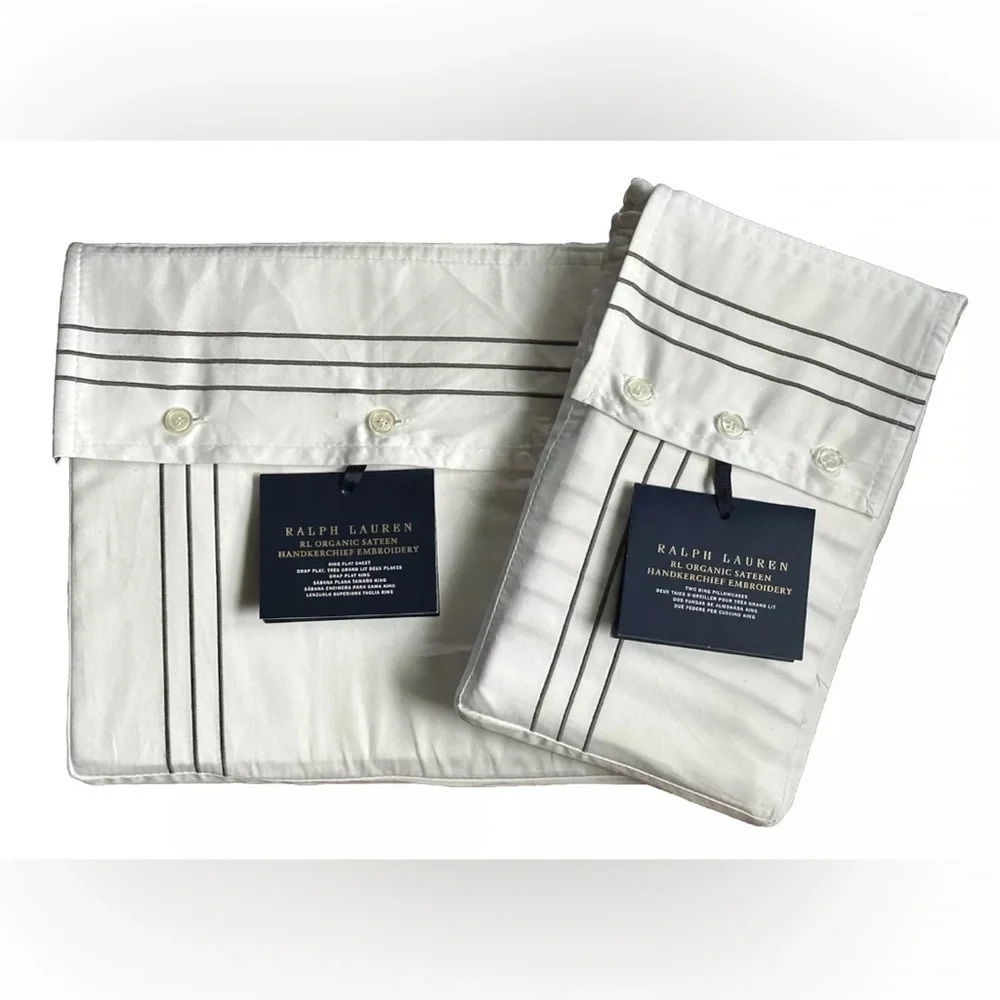 $430 RALPH LAUREN HOME KING FLAT SHEET & PILLOWCASES 624TC HANDKERCHIEF GRAPHITE